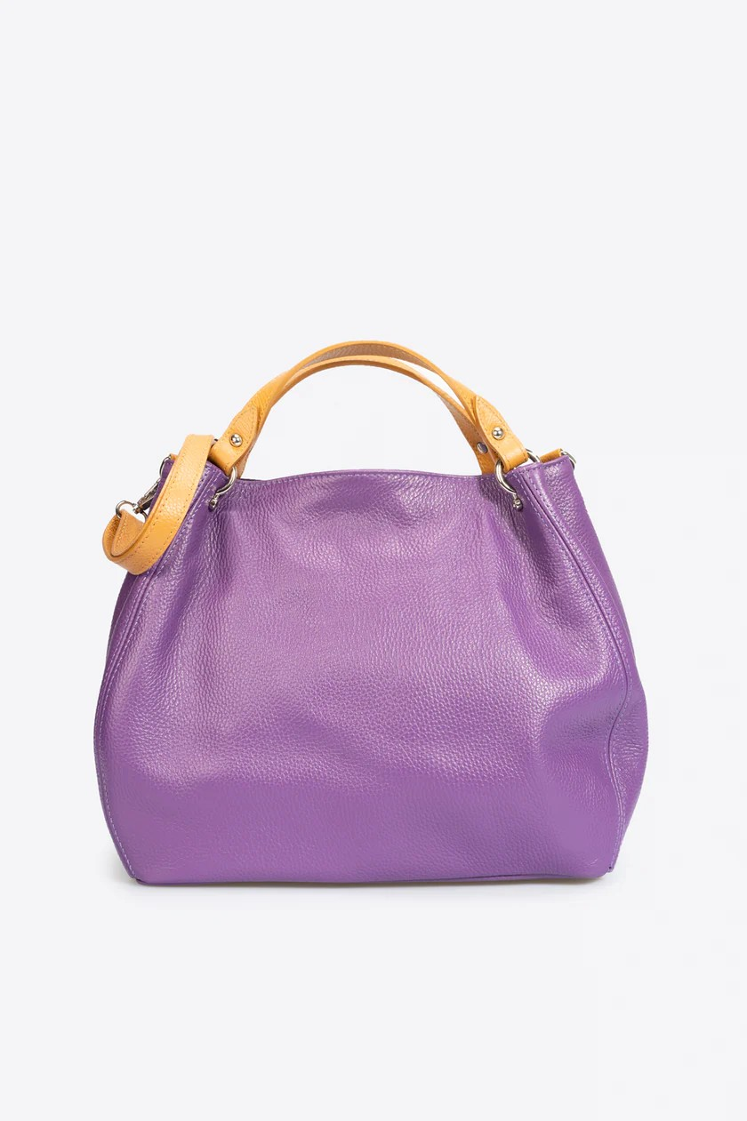 A sophisticated lilla leather bag featuring elegant tan handles, perfect for a touch of luxury in any ensemble.