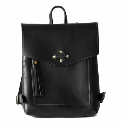 Stylish black leather backpack featuring decorative tassels and studs, perfect for adding flair to any outfit.