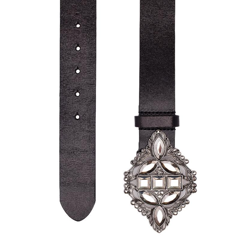 A sleek black leather belt featuring an elegant silver buckle, embodying sophistication and timeless style.