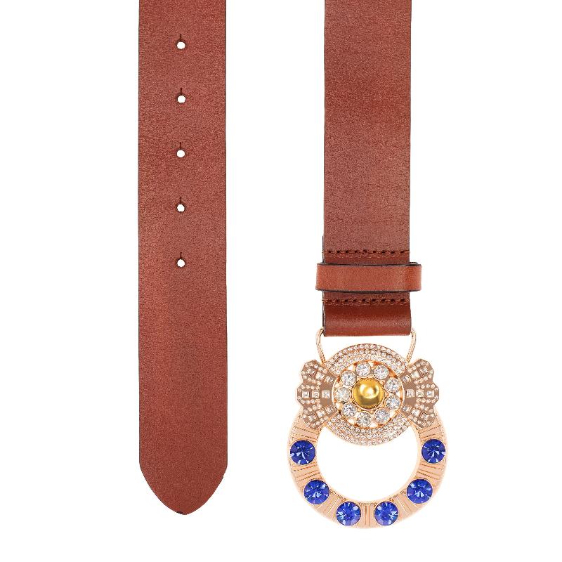 A stylish belt featuring a blue and gold buckle, showcasing a blend of elegance and sophistication.