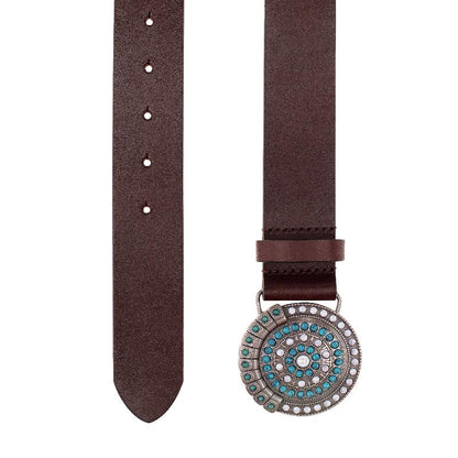  A fashionable brown belt with vibrant turquoise beads and a polished silver buckle, perfect for any outfit.