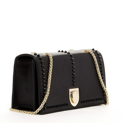 A stylish black leather clutch bag featuring a chic gold chain for a touch of elegance. Perfect for any occasion!