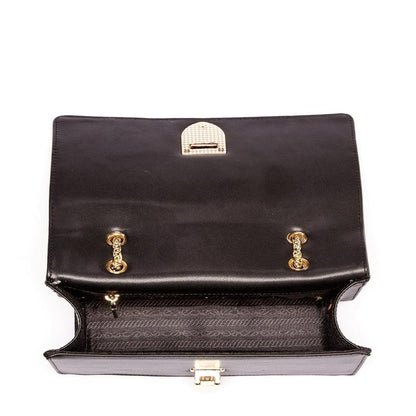 A stylish black leather bag featuring two spacious compartments for organized storage.