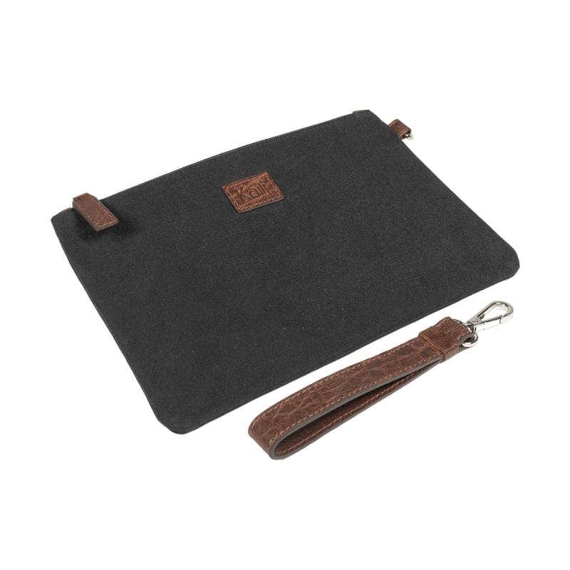  A black canvas wristlet envelope pouch featuring a stylish leather strap for easy carrying and a sleek look.