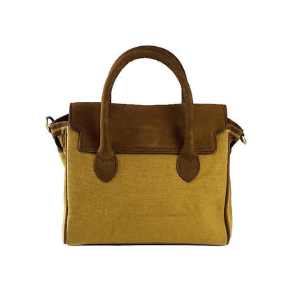 A tan and brown handbag featuring a stylish strap, perfect for everyday use and versatile fashion.