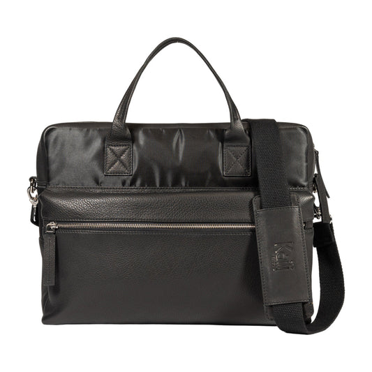  A sleek black leather briefcase designed specifically for securely holding a laptop and other essential items.