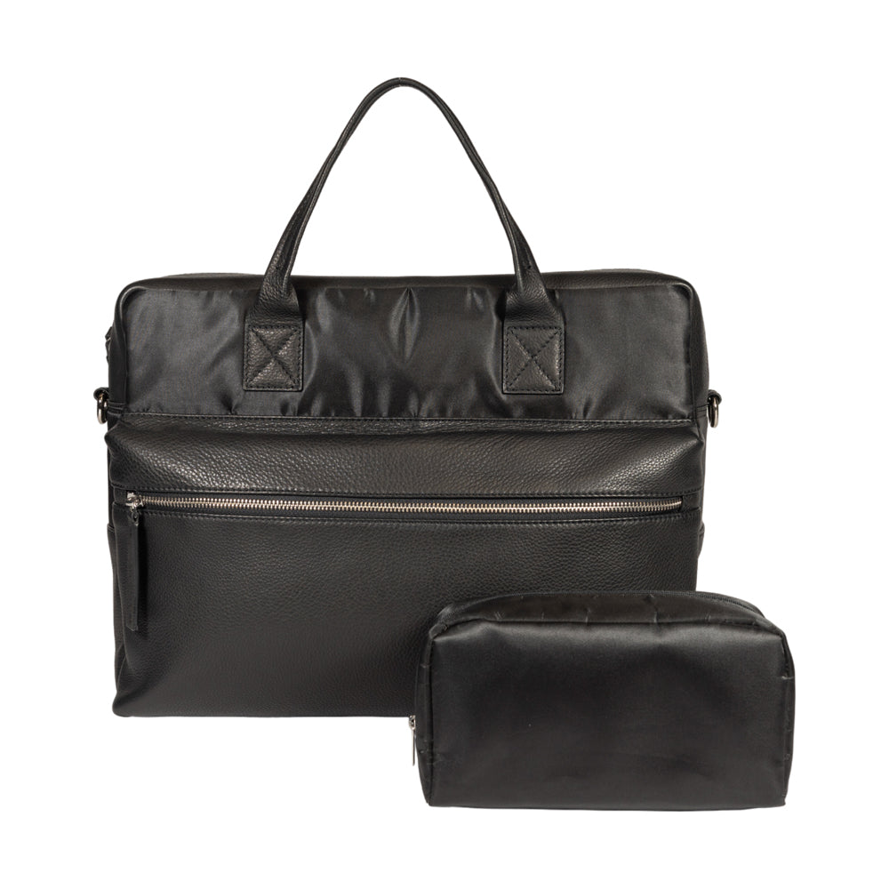  A sleek black leather briefcase designed specifically for securely holding a laptop and other essential items.