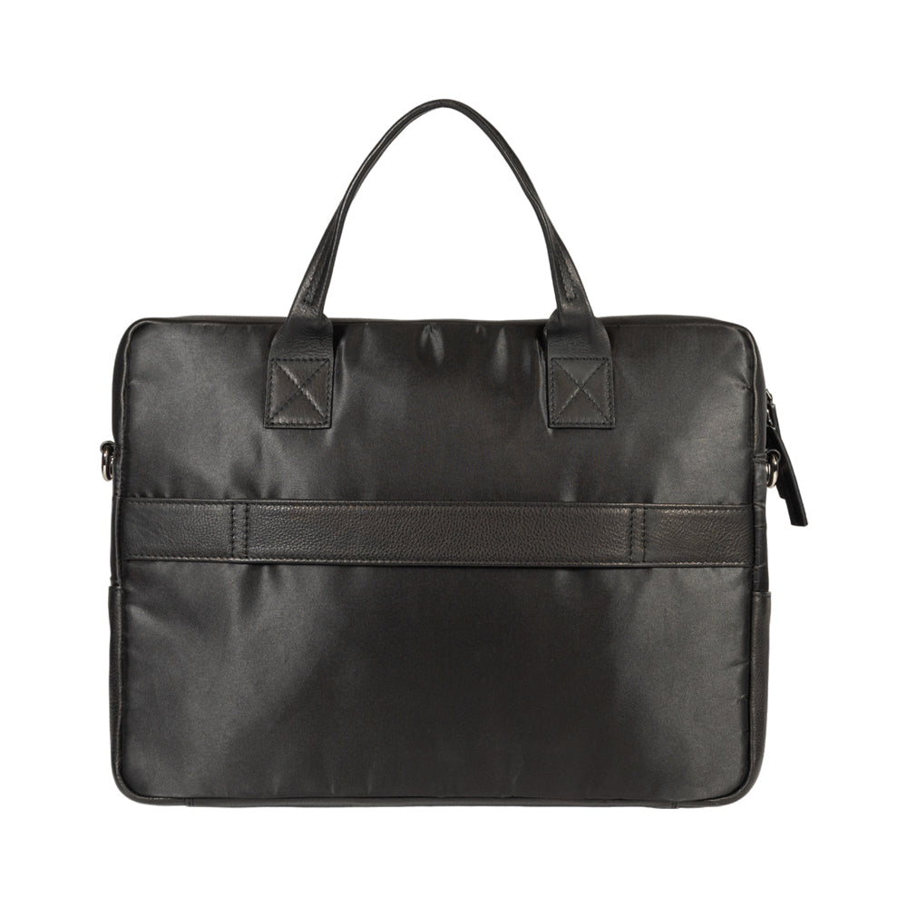  A sleek black leather briefcase designed specifically for securely holding a laptop and other essential items.