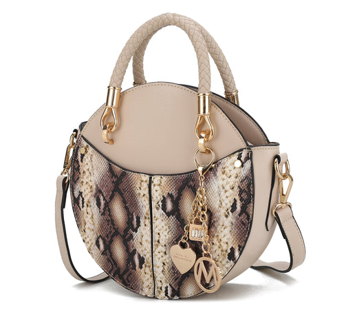 Elegant snake skin vegan bag featuring luxurious gold hardware, vanilla color, and a stylish chain, perfect for any chic outfit.