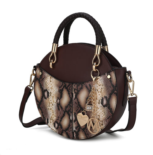 Elegant brown snake skin vegan bag featuring luxurious gold hardware and a stylish chain, perfect for any chic outfit.