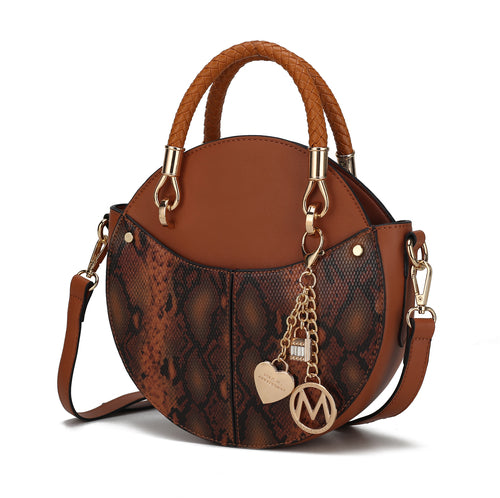 Elegant rich brown snake skin vegan bag featuring luxurious gold hardware and a stylish chain, perfect for any chic outfit.