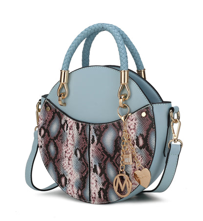 Elegant light blue snake skin vegan bag featuring luxurious gold hardware and a stylish chain, perfect for any chic outfit.