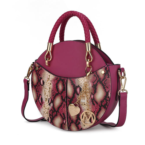 Elegant purple snake skin vegan bag featuring luxurious gold hardware and a stylish chain, perfect for any chic outfit.