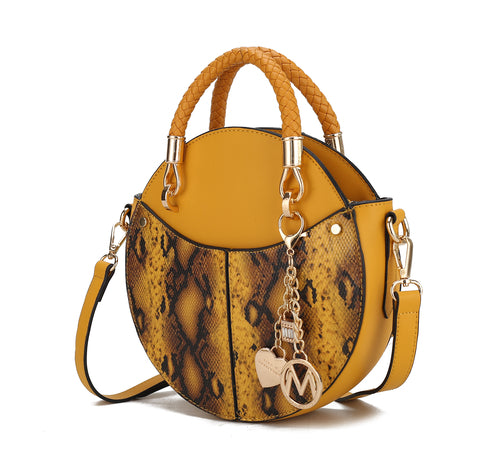 A yellow snake skin bag featuring a stylish chain strap, showcasing a blend of elegance and modern design.

