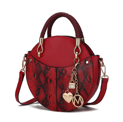 Elegant red snake skin vegan bag featuring luxurious gold hardware and a stylish chain, perfect for any chic outfit.