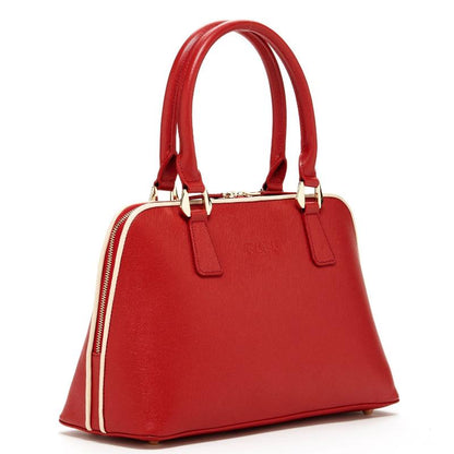 A stylish red handbag featuring a luxurious gold handle, perfect for adding elegance to any outfit.