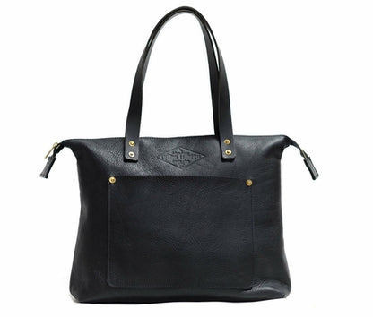 A sophisticated black leather tote bag crafted from genuine leather, exuding elegance and timeless style.
