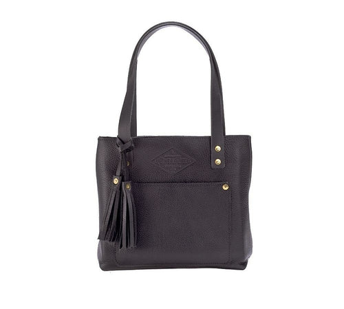 A luxurious black leather tote bag adorned with a stylish tassel, exuding elegance and sophistication.