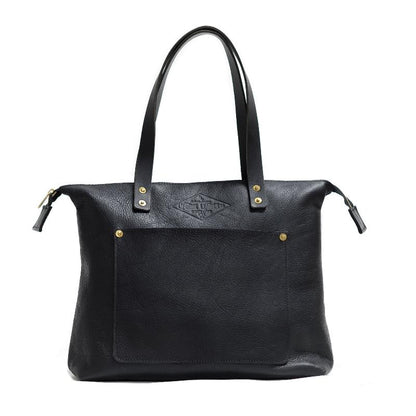 A sophisticated black leather tote bag crafted from genuine leather, exuding elegance and timeless style.
