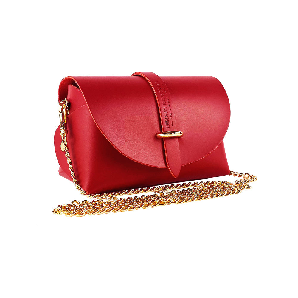 A red leather crossbody bag featuring a stylish gold chain for an elegant touch.