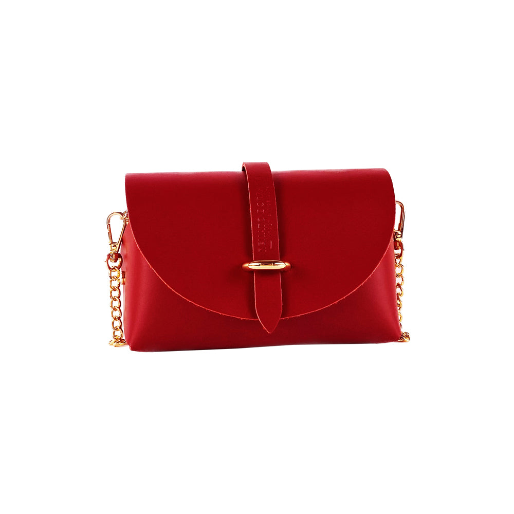 A red leather crossbody bag featuring a stylish gold chain for an elegant touch.