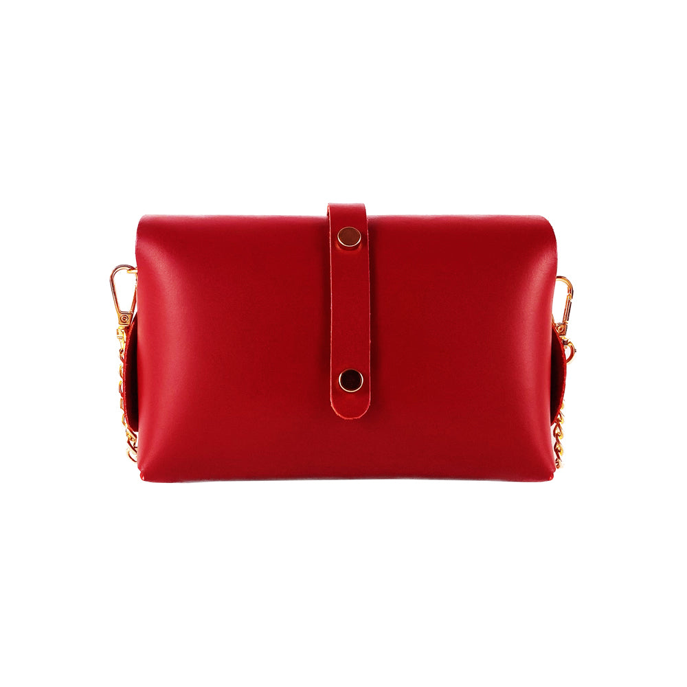 Red leather crossbody bag featuring elegant gold hardware, perfect for stylish and practical everyday use.