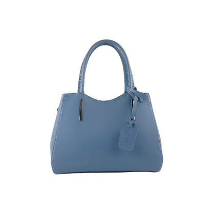 A blue leather handbag featuring a tag attached to it, showcasing its elegant design and craftsmanship.