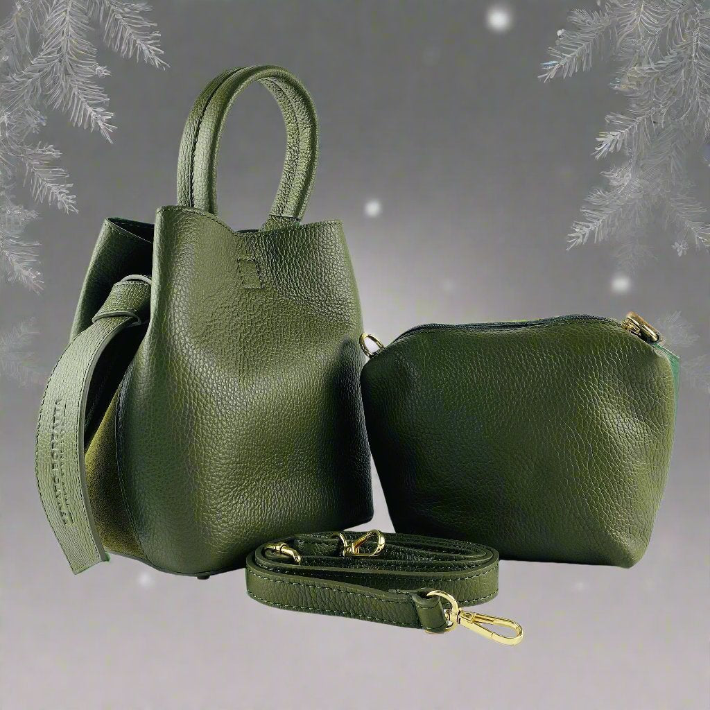 A green leather handbag crafted from high-quality leather, showcasing its elegant design and rich color.