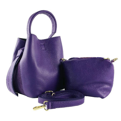 Elegant purple leather handbag featuring a chic strap, perfect for adding a touch of luxury to any ensemble.