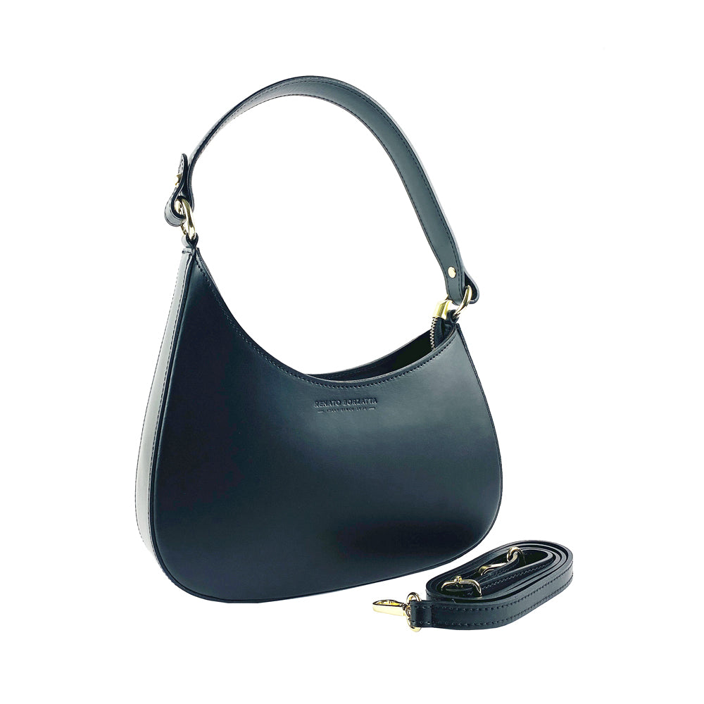 A black leather bag featuring a stylish gold chain, showcasing elegance and sophistication in its design.