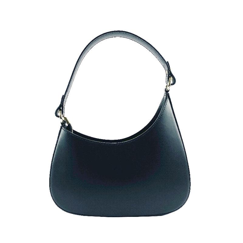 A black leather bag featuring a stylish gold chain, showcasing elegance and sophistication in its design.