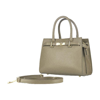 A beige handbag featuring a strap and a gold handle, elegantly designed for style and functionality.