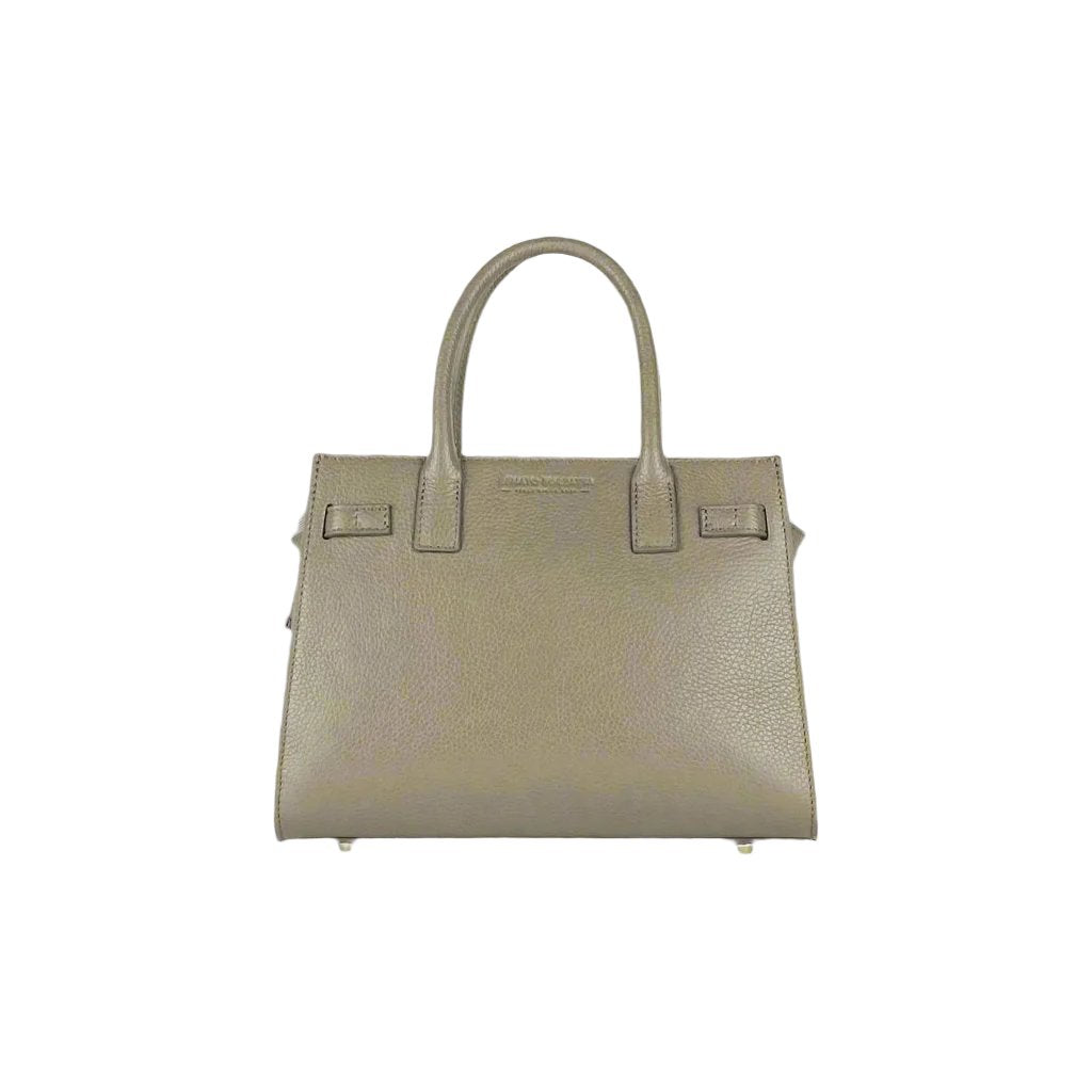 It features a functional and secure zip closure, a chic decorative front twist lock, and is equipped with hand handles and a detachable shoulder strap with shiny gold metal snap hooks.