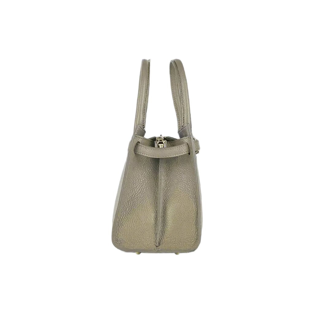 A beige handbag featuring a strap and a gold handle, elegantly designed for style and functionality.