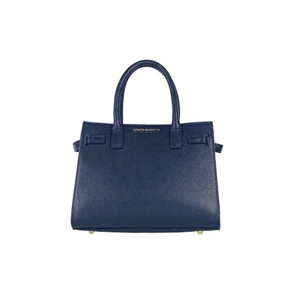 A blue leather handbag featuring elegant gold hardware, showcasing a stylish and sophisticated design.