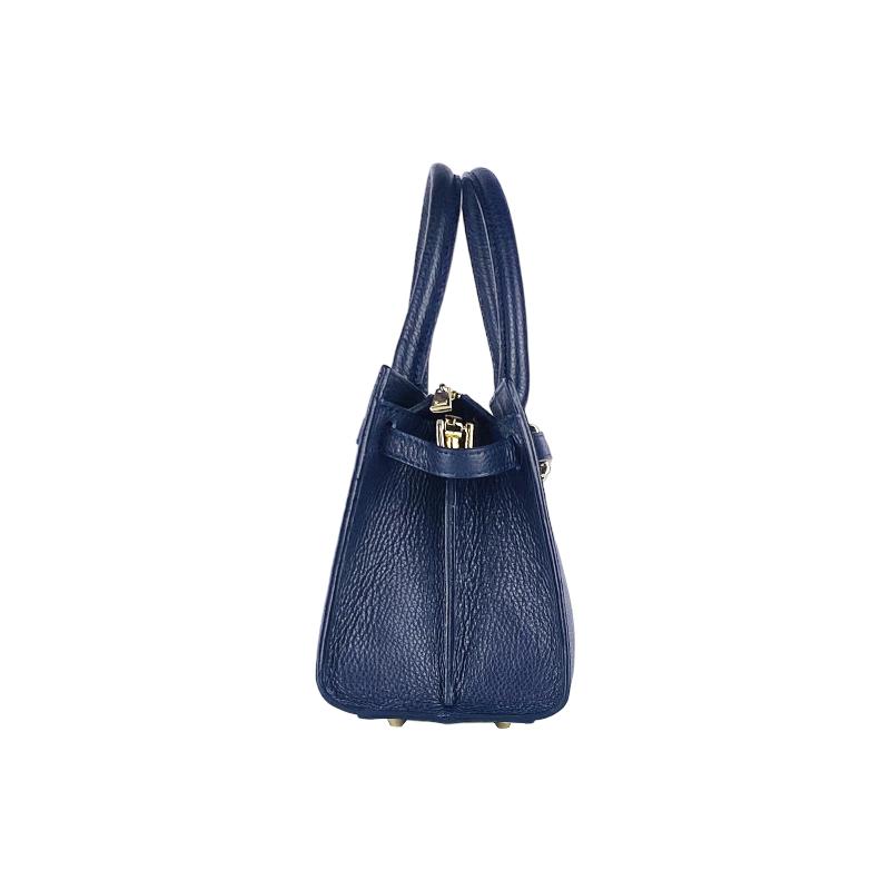 A blue leather handbag featuring elegant gold hardware, showcasing a stylish and sophisticated design.