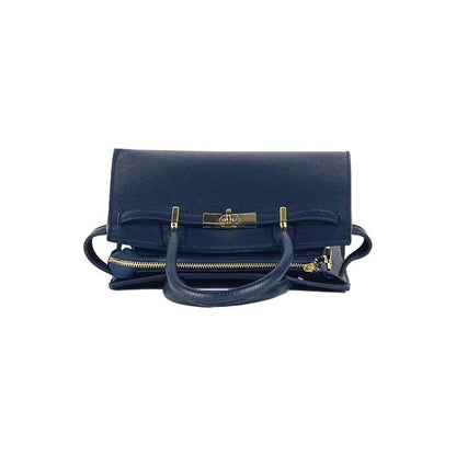 A blue leather handbag featuring elegant gold hardware, showcasing a stylish and sophisticated design.