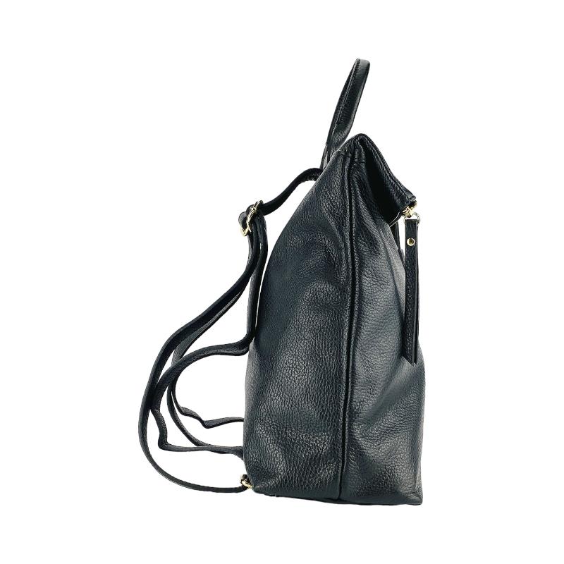 A sleek black leather backpack featuring dual zippers, exuding elegance and sophistication in every detail.