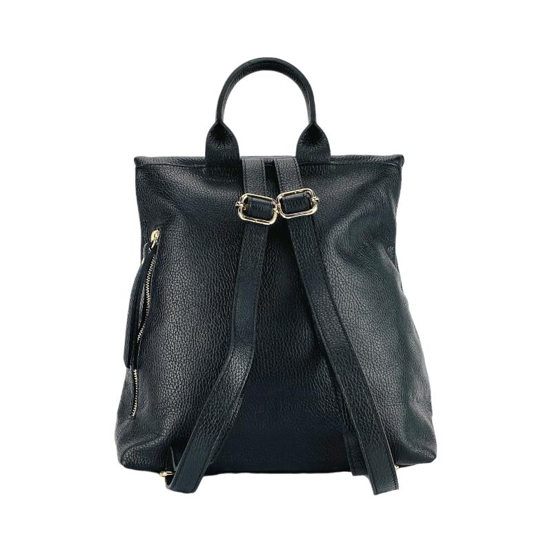 A sleek black leather backpack featuring dual zippers, exuding elegance and sophistication in every detail.