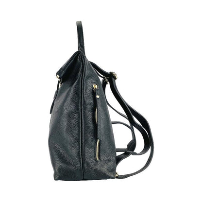 A sleek black leather backpack featuring dual zippers, exuding elegance and sophistication in every detail.