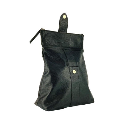 A sleek black leather backpack featuring dual zippers, exuding elegance and sophistication in every detail.