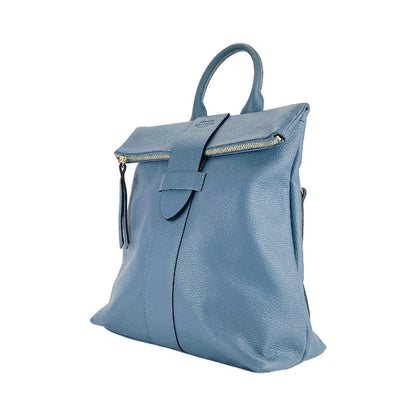 A blue leather backpack featuring a front zipper, showcasing a stylish and functional design.