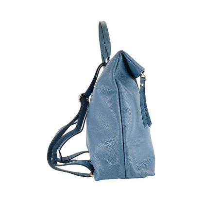 A blue leather backpack featuring a front zipper, showcasing a stylish and functional design.