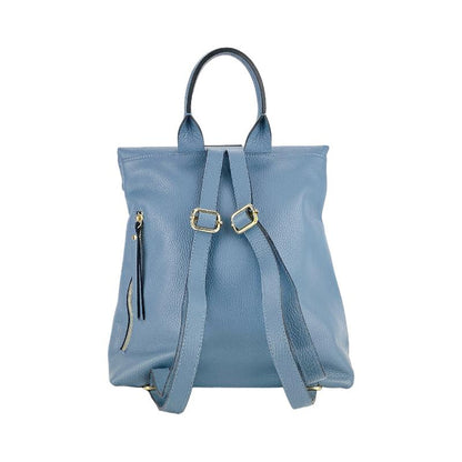 A blue leather backpack featuring a front zipper, showcasing a stylish and functional design.