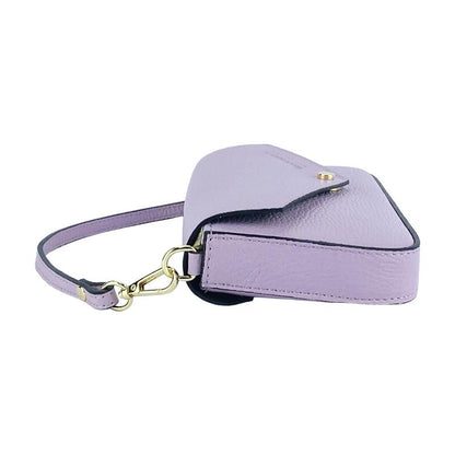 A purple leather crossbody bag featuring a stylish gold clasp, perfect for adding a pop of color to any outfit.