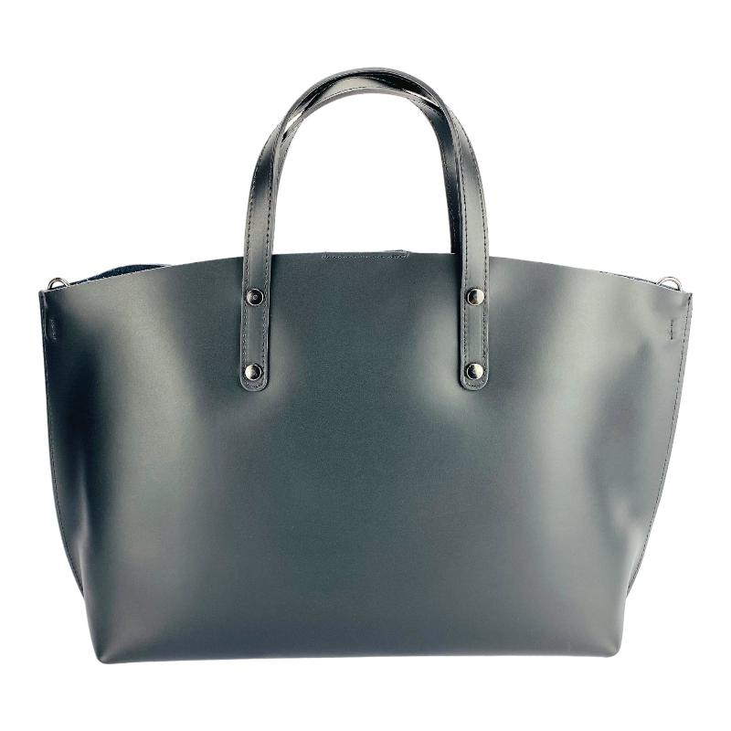 A sophisticated black leather tote bag elegantly displayed, showcasing its luxurious texture and timeless design.