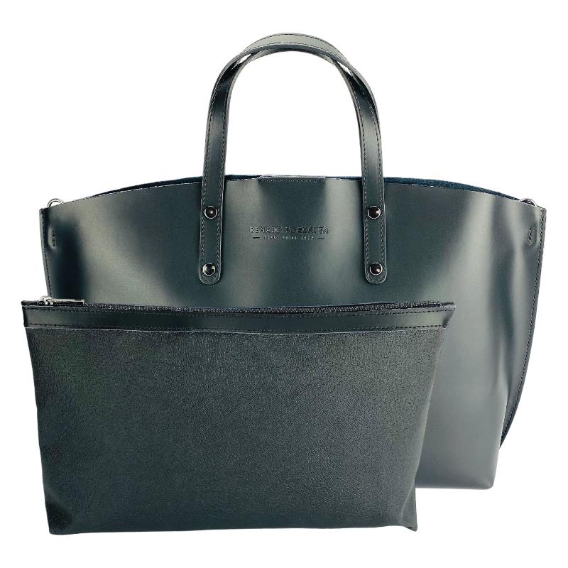 A sophisticated black leather tote bag elegantly displayed, showcasing its luxurious texture and timeless design.