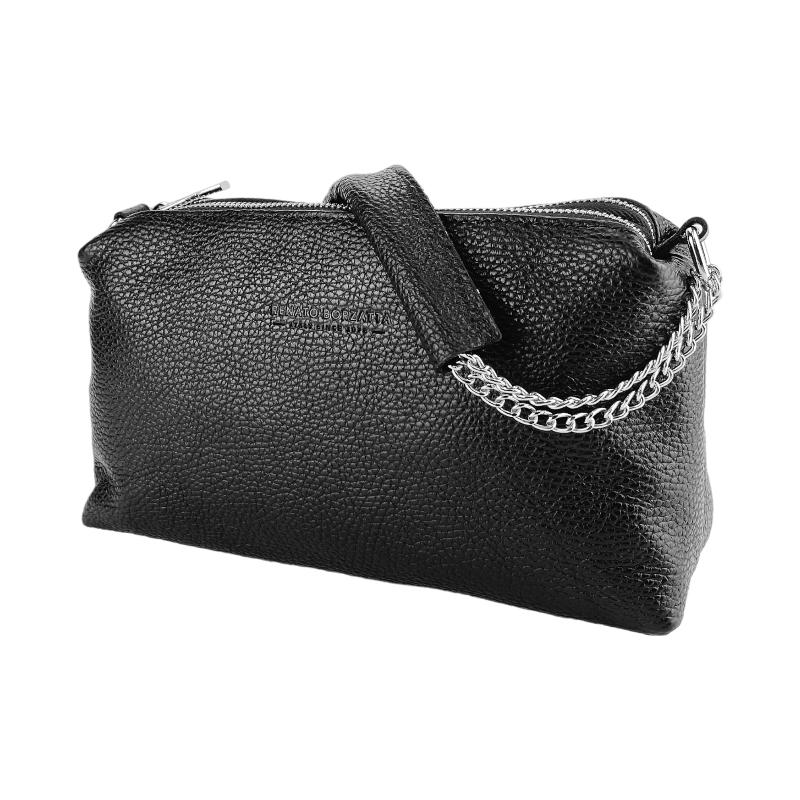 Elegant black purse featuring a chic chain and strap, perfect for adding a touch of sophistication to any ensemble.