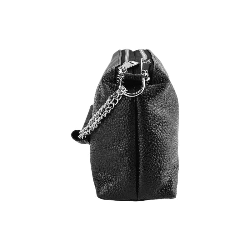 Elegant black purse featuring a chic chain and strap, perfect for adding a touch of sophistication to any ensemble.