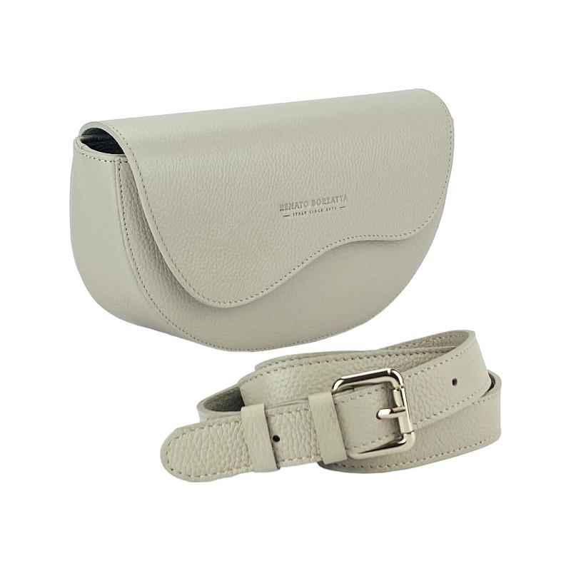  An exquisite grey leather belt bag affixed to a purse, highlighting a harmonious fusion of luxury and practicality.